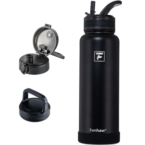 Fanhaw 40 oz Insulated Water Bottle – Stainless Steel Flask with 3 Lids (Straw, Chug, Carabiner) | Durable, Leakproof, for Hiking, Camping, Outdoor Adventures & Travel (Black) - color: Black, size: 40 Ounces