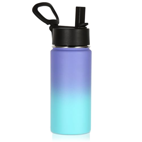 Volhoply Kids Insulated Water Bottle with Straw,16oz Stainless Steel Cold Water Bottles for School,BPA-Free Metal Wide Mouth Cups with Handle,Reusable Double Wall Vacuum Sport Flask(Purple Blue,1) - color: Purple Blue