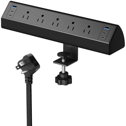 SURAIELEC Desk Clamp Power Strip with 5 Outlets, 4 PD 20W USB-C & 2 USB-A Ports, 40W Total Fast Charging Station, 900J Surge Protector, Fit 1.97 in Desk Edge Mount, 45° Flag Plug, 6 ft Extension Cord