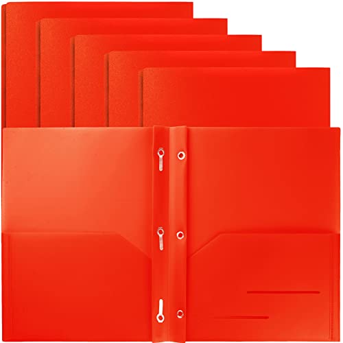 Youngever 6 Pack Heavy Duty Plastic Two Pocket Folders with 3 Prongs, Metal Prongs Fastener, Heavy Duty Plastic 2 Pocket Folder (Red) - color: Red
