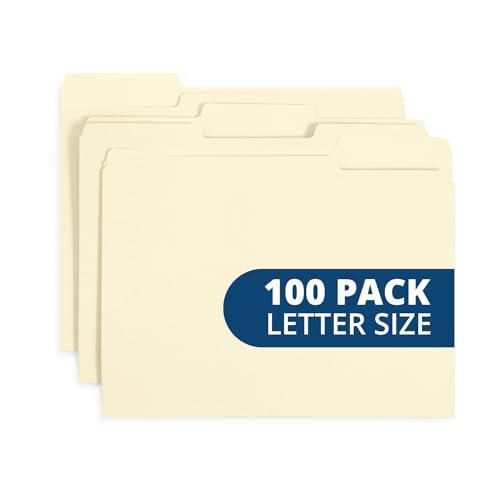 Blue Summit Supplies 100 Manila File Folders, 8.5" x 11", Letter Size, 11pt | Durable 11pt manila paper, 1/3 cut assorted tabs, 8.5 x 11 in, home, office and classroom document filing - color: Manila