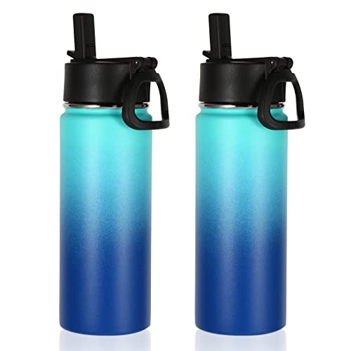 Volhoply 18oz Insulated Water Bottle Bulk 2 Pack,Kids Stainless Steel Water Bottles with Straw Lid,Wide Mouth Reusable Metal Cups,Double Wall Vacuum Sports Flask Keep Hot and Cold(Green Blue,2 Set) - color: Green Blue