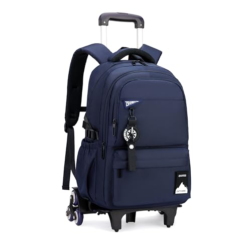Bansusu Kids Rolling Backpack for Boys School, Classic School Bag Roller Boys Backpack with 6 Wheels, Dark-blue - color: 6 Wheels-dark-blue, style: 6 Wheels