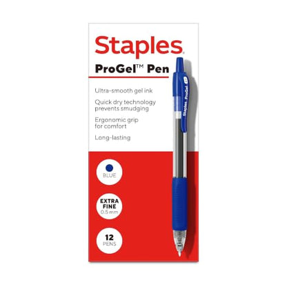 STAPLES ProGel Retractable Gel Pen, Extra Fine Point, 0.5mm, Blue Ink, Dozen - color: Blue, size: 12 Pack, style: Extra Fine Point