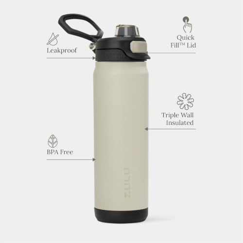 ZULU Powerfill Pro 24oz Stainless Steel Water Bottle with Quick Fill Lid, Triple Walled Vacuum Insulated Metal, Leak Proof Locking Lid, Sip and Chug, Reusable BPA Free, Ash - color: Ash, style: 24oz