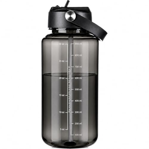 OLDLEY 32oz Water Bottle with Straw, Leakproof Tritan Clear Bottle with Marked Bottle and Carry Handle, BPA-Free Wide Mouth Reusable Sports Bottle for Gym,Hiking, Camping,Travel, Workout,Black - color: Black