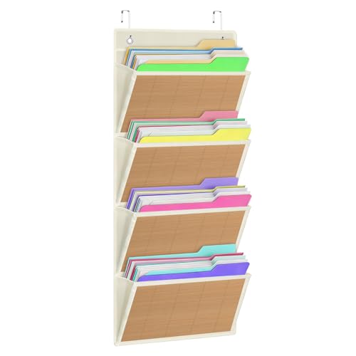 homyfort hanging wall file organizer, Over the door file folder organizer with 4 Large Bamboo Pockets, Suitable for Home, Office, Back to School Supplies Storage and Organization (Beige) - color: Bamboo Beige