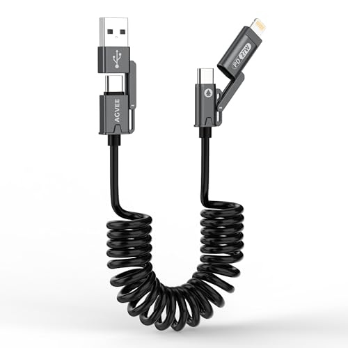 AGVEE 3ft 4-in-1 Coiled Multi Charging Charger Data Transfer Cable | Secure-Slide No-Loss Adapters, Slim Tips Fit Thick Cases, Lightning End Reinforced, PD 60W for iPhone Carplay, Android Auto - color: Black, size: 3ft, style: 4 in 1