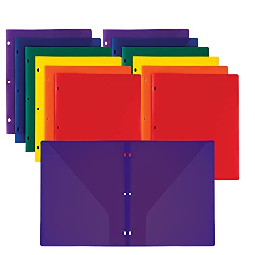 Samsill Durable Plastic Folders 3 Hole Punch, 12 Pack Assorted Colors, 2 Clear Pockets, Used for Office and School Supplies - size: 12 Pack