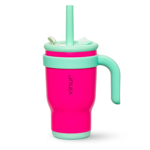 VINUR Kids Tumbler with Handle-14 oz Stainless Steel Double Wall Vacuum Tumbler with Straw, Travel Leak Proof Water Cup with Lid (Rose Pink) - color: Rose Pink-Teal, size: 14 Ounces