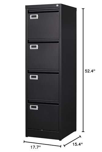 BYNSOE 4 Drawer File Cabinet with Lock Metal Vertical File Cabinet Office Home Vertical File Cabinet for A4 Legal/Letter Size Narrow File Cabinet Locked,Assembly Required (Black, 4 Drawers- Vertical) - color: Black, size: 4 Drawers