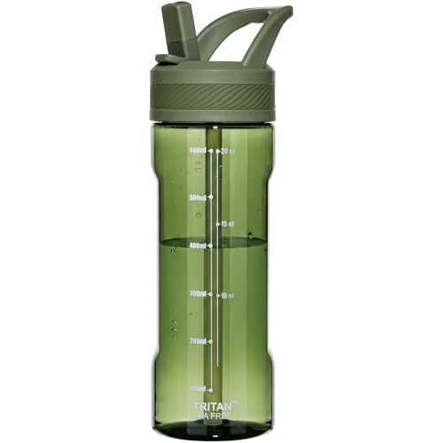 OLDLEY 20oz Kids Water Bottle with Straw, BPA-Free Tritan Water Bottle for School, Leakproof Clear Water Bottle with One Click Open, Measurement Scale, Cup Holder Friendly for Boys Girls,Army Green - color: Army Green