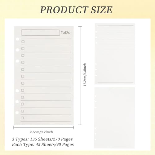 Multibey A6 Refill Paper, 3-Pack Planner Insert for A6 Binder, 100GSM Thick Refillable Paper, 6-Hole Filler Inserts, Loose Leaf Paper, 135 Sheets (270 Pages), Blank/Lined/To Do Inserts