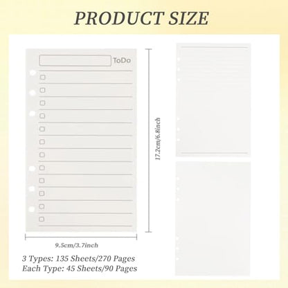 Multibey A6 Refill Paper, 3-Pack Planner Insert for A6 Binder, 100GSM Thick Refillable Paper, 6-Hole Filler Inserts, Loose Leaf Paper, 135 Sheets (270 Pages), Blank/Lined/To Do Inserts