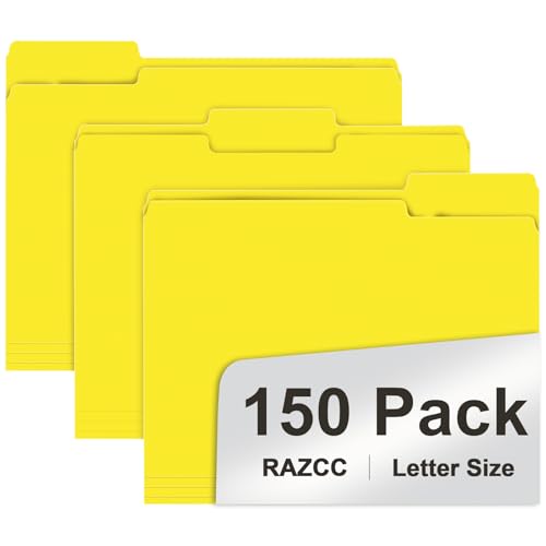 File Folder, RAZCC 150 Pack 1/3 Cut Tab File Folders Letter Size, Yellow, Folders with Tab, Great for Organizing and Easy File Storage - color: Yellow