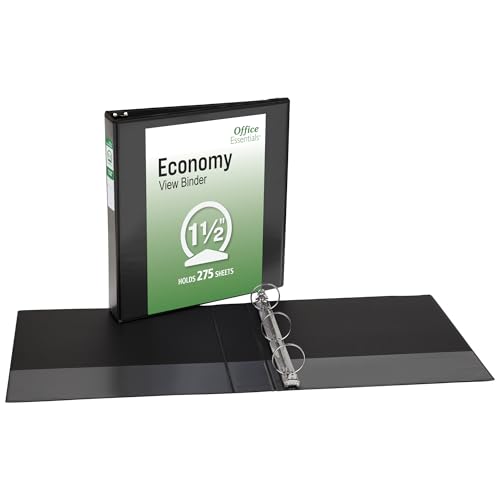 Office Essentials Economy View 3 Ring Binders, 1.5" Round Rings, 2.1" Spine, 275-Sheet Capacity, Black Binders (4-Pack of 03129) - size: 1.5"