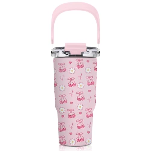 20oz Cherry Tumblers - Pink Cherry Tumbler with Straw Handle, Leak-proof, BPA-free, Double Wall Insulated, Pink Gifts Cup for Girls, Insulated Coffee Tumbler Bows Stainless Steel Cup for Women Kids - color: Pink cherry, size: 20 Ounces