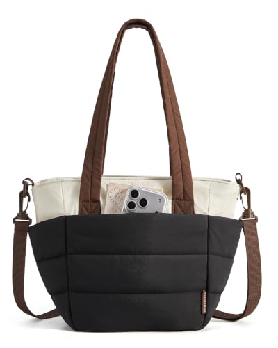 BAGSMART Lunch Bag Women Small Insulated Tote with Lunch Compartment Quilted Lightweight Puffy Tote Bag for Work, Travel, Outdoor, Beige + Black - color: Beige + Black