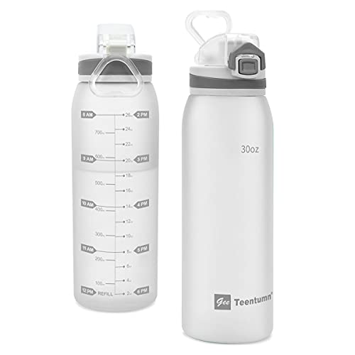 Water Bottle BPA Free Tritan with Time Markers, 30oz Large Durable Gym Plastic Bottle for Fitness, Outdoor Enthusiasts, Leakproof White (Pack of 1) - color: Aqua White