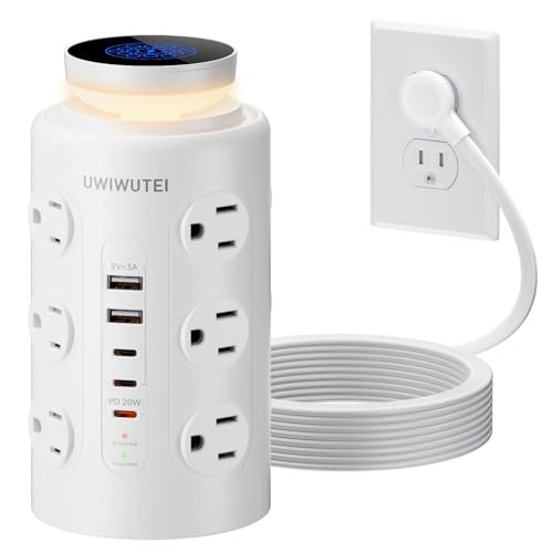 Tower Power Strip with Night Light,PD20W USB C Power Strip Tower with Multiple Outlets,12 Outlets,5 USB Ports (3 USB-C), 10FT Extension Cord Desk Charging Station for Home,Office,Dorm Essentials,White - color: White, size: 10FT with Night Light