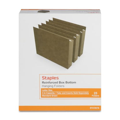 Staples Reinforced Hanging File Folders, Letter Size, 3" Expansion, Wide‑Capacity Box‑Bottom Design, Standard Green – 25/Pack - style: 25 Pack