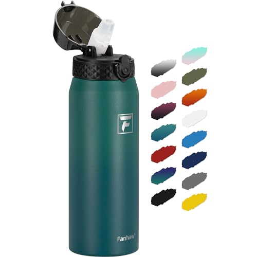 Fanhaw 24 Oz Kids Insulated Stainless Steel Water Bottle with Straw Lid, Leakproof & Anti-Dust Everyday Use Bottle for School, Women & Men, Back to School Essentials (Green Blue) - color: Green Blue, style: 24 Ounces