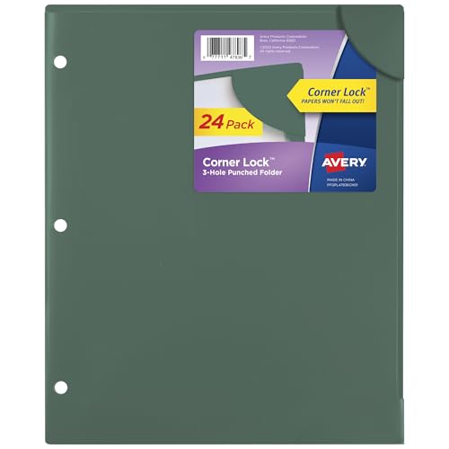 Avery Corner Lock Binder Pockets for 3 Ring Binders, Sage Green with Clear Front, for 8.5" x 11" Documents, Acid-Free and Archival-Safe, Binder Folders (24-Pack of 47836)