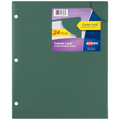 Avery Corner Lock Binder Pockets for 3 Ring Binders, Sage Green with Clear Front, for 8.5" x 11" Documents, Acid-Free and Archival-Safe, Binder Folders (24-Pack of 47836)