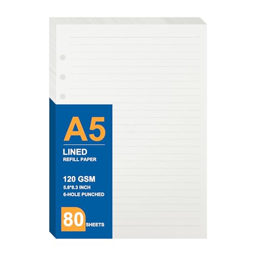 MultiBey A5 Lined Refill Paper, 120GSM Thick 6-Ring Binder Inserts for Journaling & Planning, College Ruled Loose Leaf Filler Paper for 6-Hole A5 Notebooks, 80 Sheets/160 Pages, 5.8x8.3 Inch - color: Lined Paper, size: A5