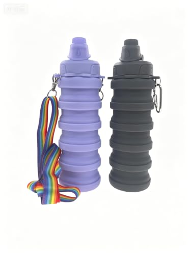 Collapsible Water Bottles Silicone Foldable Reusable Leakproof Travel Water Bottle 17.6oz With Mountaineering Buckle And Adjusting Rope For Sports Camping Hiking Cycling Yoga（Dark Grey And Purple） - color: Dark Gray + Purple