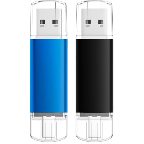 USB C Flash Drive 8GB 2 Pack, AreTop Type-C Flash Drive + USB 2.0 USB Drive | Thumb Drive OTG Memory Stick Compatible with iPhone 17/16/15, Android Smartphone/Tablets/Computers, 2 Pack (Black & Blue) - color: 2 Pack, size: 8GB (USB 2.0)