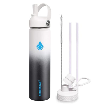 SENDESTAR Stainless Steel Wide Mouth Water Bottle 24oz Double Wall Vacuum Insulated Leak Proof Bottle with New Flex Straw Lid & Spout Lid - color: Day&Night-A, size: 24 Ounces