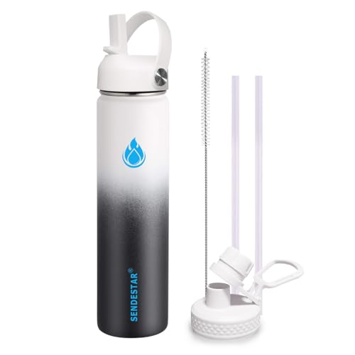 SENDESTAR Stainless Steel Wide Mouth Water Bottle 24oz Double Wall Vacuum Insulated Leak Proof Bottle with New Flex Straw Lid & Spout Lid - color: Day&Night-A, size: 24 Ounces