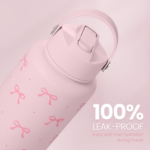 Pink Bow Water Bottle Stainless Steel Insulated Vacuum 32oz with Lid, Gifts for Women Girls Teens Birthday Christmas - color: Coquette Pink Bow
