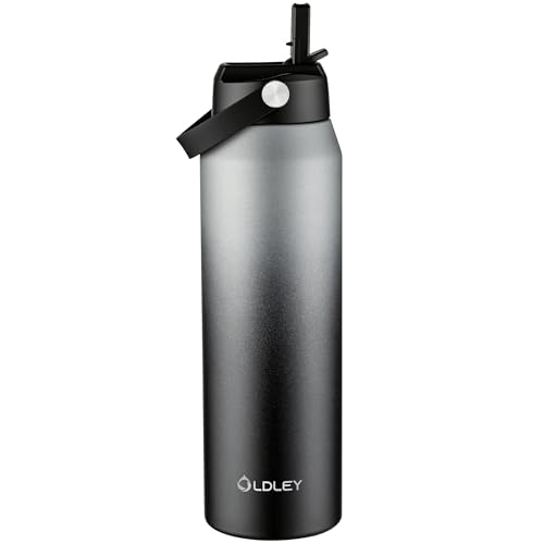 Oldley 32oz Insulated Water Bottle with Straw, Stainless Steel Water Bottle for Sports, Travel, School, BPA-Free Sports Bottles for Adult Kids, Leak-Proof, Gray-Black - color: Gray/Black, size: 32 Ounces
