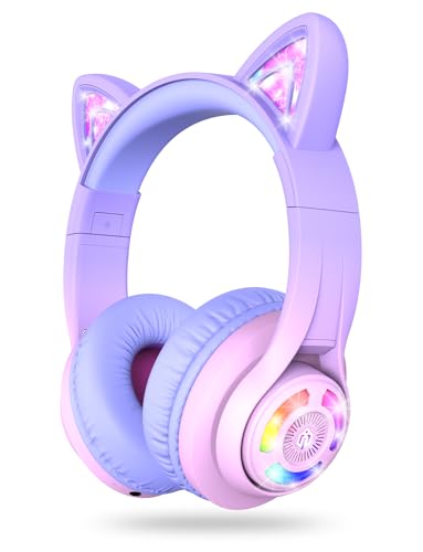 iClever BTH13 여아용 아동용 블루투스 헤드폰, LED 고양이 귀 여행 선물 | SafeSound Tech, 50시간 재생, USB C 충전, AUX 케이블, 스테레오 사운드, 태블릿 PC용 마이크가 있는 아동용 헤드폰 무선 - color: 핑크 그라데이션.