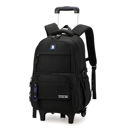 Rolling Backpack for Boys Kids Backpack with Wheels Trolley School Bag for Teens Elementary Wheeled Backpack - color: Black 2 Wheels, size: 2 Wheels