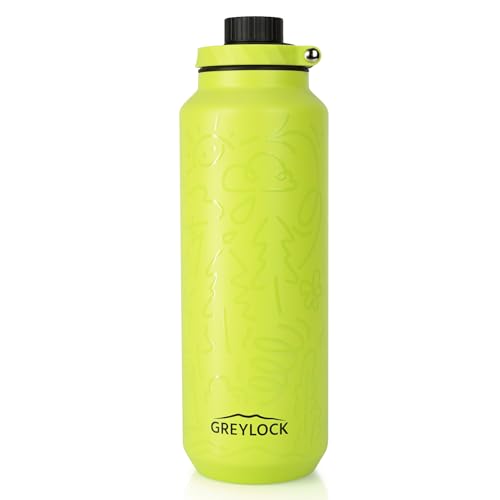 GREYLOCK 32 oz Insulated Water Bottle with Straw Lid, Leakproof Reusable Stainless Steel Vacuum Flask, 24hr Cold & Hot, Carry Handle & Silicone Spout, BPA-Free for Gym, Hiking, Travel,Green - color: Lemon Grove, size: 32 Ounces