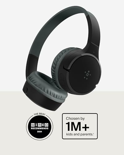 Belkin SoundForm Mini Kids Wireless Headphones w/Built-in Microphone, 30H of Playback Time, Fun Stickers, & Case - Over-Ear Headsets for Online Learning, School, iPhone, iPad, Galaxy, & More - Black - color: Black, style: Wireless (USB-C) + Case