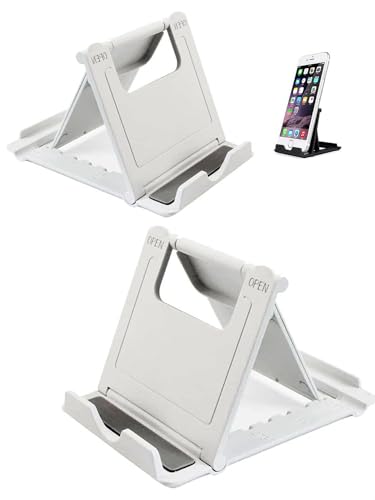 Portable Cell Phone Stand Holder for Desk, 【2 Pack】 Foldable Pocket-Sized Adjustable Mount, Universal Desktop Kickstand Compatible with iPhone, iPad, Kindle & Android Devices - White & White - color: White & White