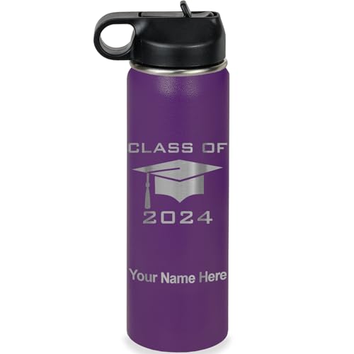 LaserGram Personalized Water Bottle, Grad Cap Class of 2023, 2024, 2025, 2026, 2027, Stainless Steel Double Wall Vacuum Insulated with Flip Top Straw, Custom Engraved Gift (20oz / 590ml Dark Purple) - color: Dark Purple, size: 20 Ounces