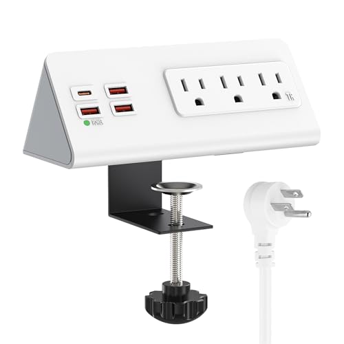 Nightstand Power Strip with USB C, Haiaoyyds Desk Edge Mount Power Hub with 3 Outlets, 4 Fast Charging USB Ports, and 6.56FT Flat Plug Extension Cord for Desk Home Office Accessories, White - color: White