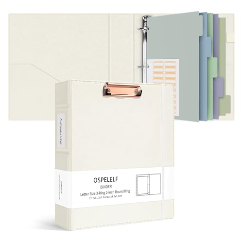 Ospelelf 3 Ring Binders with Clipboard 2 Inch, Leather Clipboard Binder Organizer with Dividers and Tabs, Business Binder for Teacher, Work, Beige - color: Beige, size: Letter Size - 2 Inch