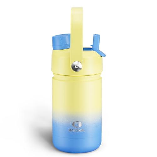 Kids Insulated Water Bottle with Straw - 12oz Stainless Steel Water Bottle with Dual Spouts, Leak-Proof, BPA-Free, Double Wall Vacuum Keeps Cold for 24 Hours for Sports, Travel, School (Soft Lagoon) - color: Soft Lagoon, size: 12 Ounces