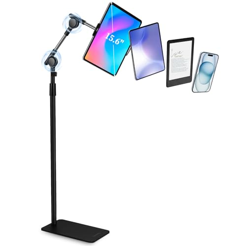 SHUWEI Tablet Floor Stand with Double Self-Locking Worm Gears, 63”Height Adjustable iPad Floor Stand with 7.5lb Stable Base, Compatible with 4.7-15.6'' iPad, Kindle, Phone, Portable Monitor, Black - color: Black