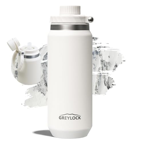 Greylock 20 oz Insulated Water Bottle with Straw Lid, Reusable Stainless Steel Sports Water Bottles with Foldable Handle, Leak Proof, Double-Wall Vacuum Insulation, 24 Hours Cold (White) - color: White, size: 20 Ounces
