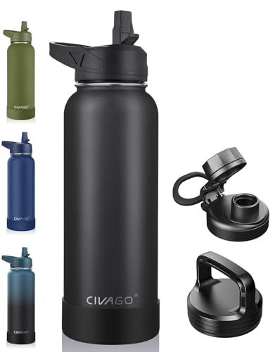 CIVAGO 40 oz Insulated Water Bottle With Straw, Stainless Steel Sports Water Cup Flask with 3 Lids (Straw, Spout and Handle Lid), Double Walled Travel Thermal Canteen Mug, Midnight Black - color: Black, size: 40 Ounces