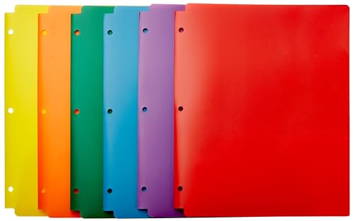 Amazon Basics Plastic 3-Hole Punch File Folders with 2 Pockets for Documents, Letter Size 8.5 x 11 inches, Assorted Colors, Pack of 6 - size: 6-Pack, style: 2 Pockets with 3 Holes Punched