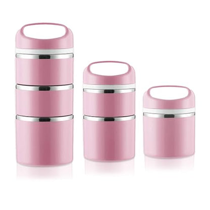 Lille Home Stackable Stainless Steel Thermal Compartment Lunch/Snack Box, 3-Tier Insulated Bento/Food Container with Lunch Bag and 3 Extra Silicone Seals, 43OZ, Pink - color: Pink with Utensils