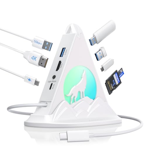 USB C Hub, 8 in 1 USB C Hub Multiport Adapter with 4K HDMI, PD 100W, 5Gbps Type C 3.0, 3xUSB A 3.0, SD/TF Card Reader& RGB Lighting, White Docking Station for MacBook Air/Pro, HP, Laptop, PC(Wolf) - color: 3-White Wolf With Base